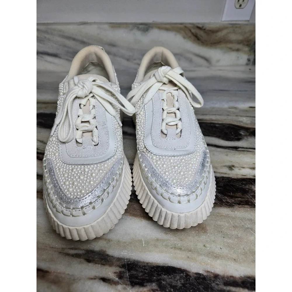 Dolce Vita Dolen Pearl Embellished Platform Sneakers Cream Silver Womens Shoes - Picture 2 of 10